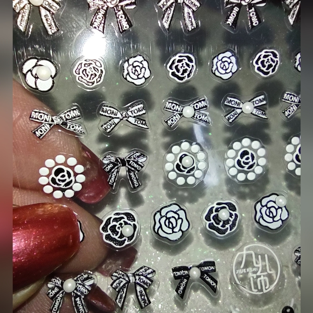 Fingernail Camilla Flower Black Bows Nail Art Stick-ons